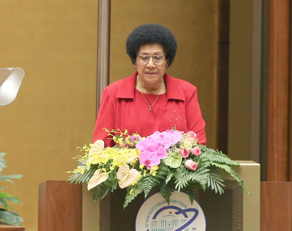 Bà Jiko Luveni, Chủ tịch Quốc hội Fiji, Chủ nhà APPF 25 phát biểu. (Ảnh: Doãn Tấn/TTXVN)