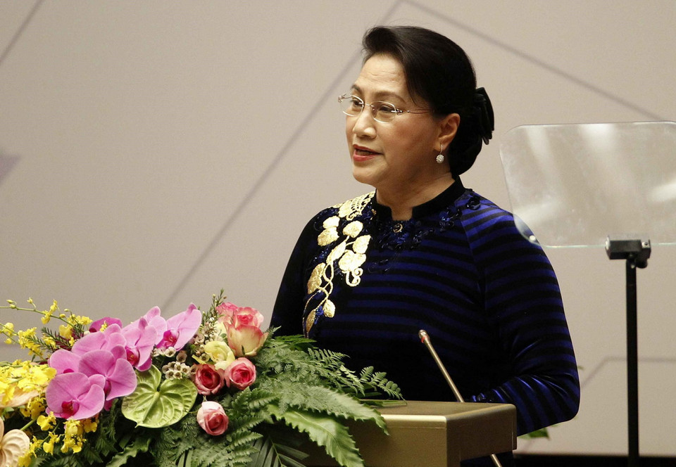 Chủ tịch Quốc hội Nguyễn Thị Kim Ngân, Chủ tịch APPF 26 đọc diễn văn khai mạc. (Ảnh: Văn Điệp/TTXVN)