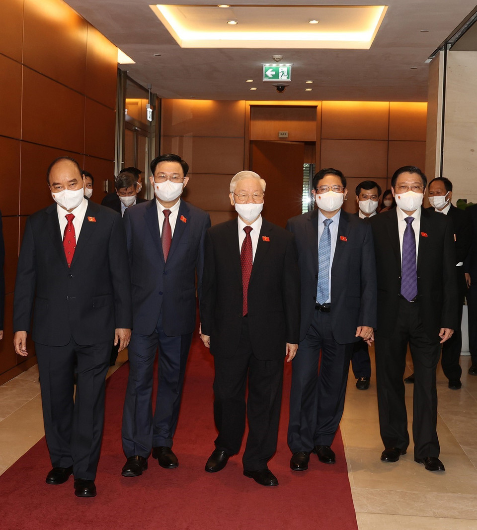 Tổng Bí thư Nguyễn Phú Trọng với các lãnh đạo Đảng, Nhà nước dự Lễ khai mạc Kỳ họp thứ hai, Quốc hội khóa XV (Ảnh: Trí Dũng/TTXVN)