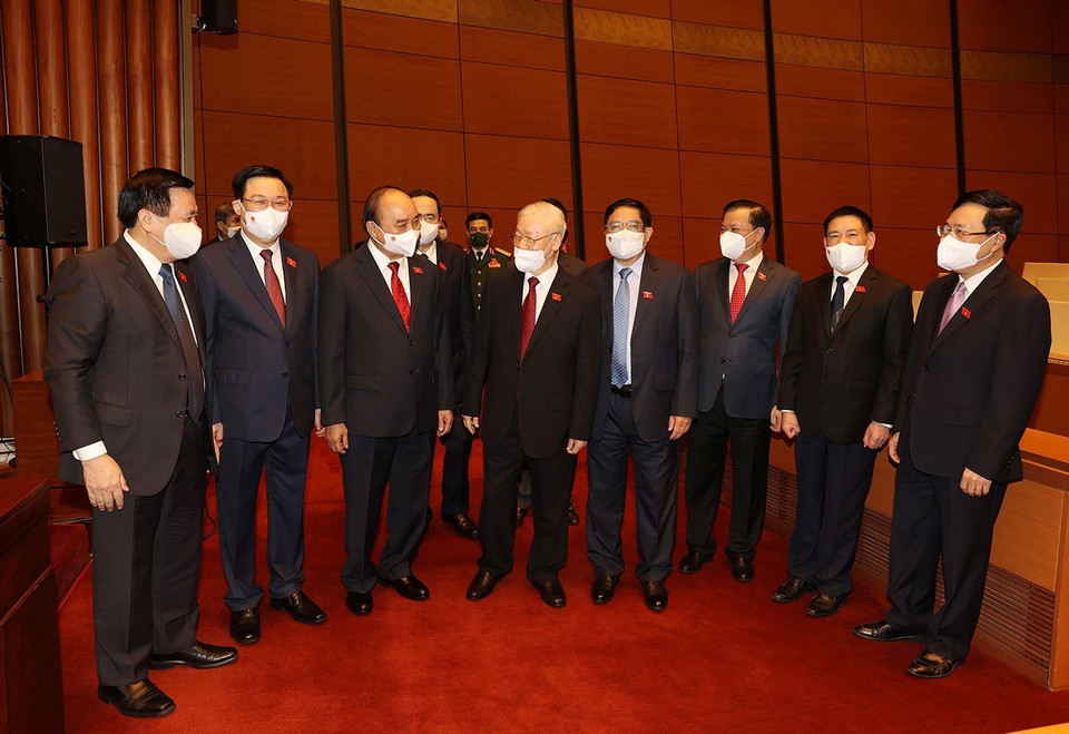 Tổng Bí thư Nguyễn Phú Trọng với các lãnh đạo Đảng, Nhà nước dự Lễ khai mạc Kỳ họp thứ 2, Quốc hội khóa XV Ảnh: Trí Dũng (Ảnh: Trí Dũng/TTXVN)