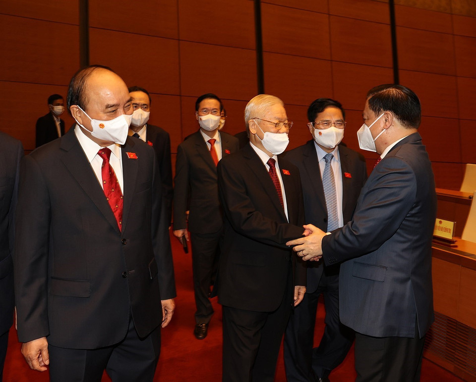 Tổng Bí thư Nguyễn Phú Trọng với các lãnh đạo Đảng, Nhà nước dự Lễ khai mạc Kỳ họp thứ 2, Quốc hội khóa XV. (Ảnh: Trí Dũng/TTXVN)