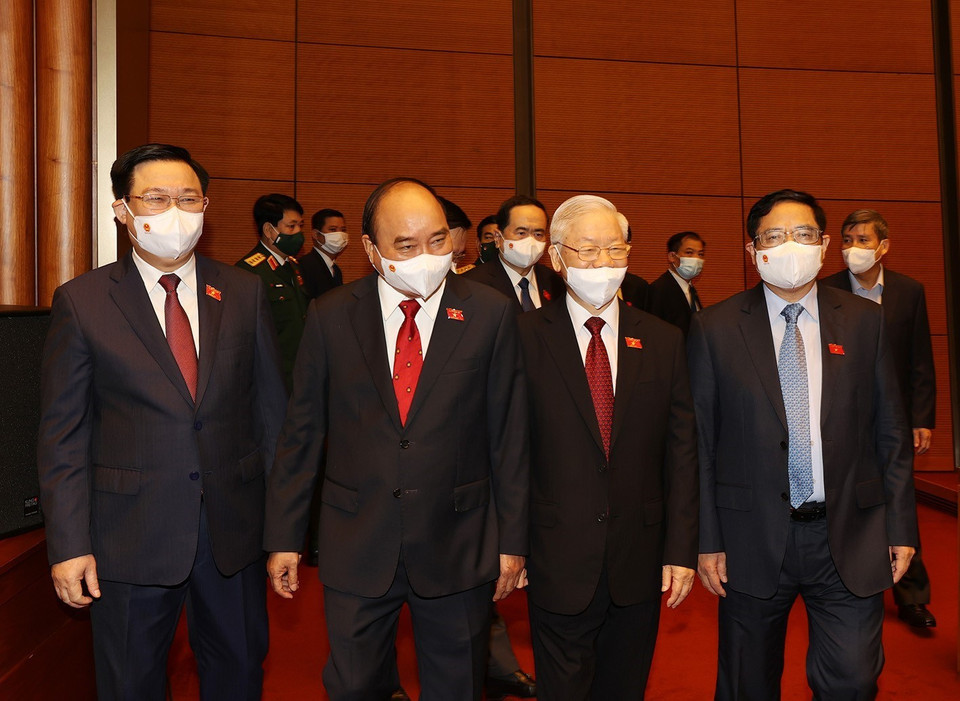 Tổng Bí thư Nguyễn Phú Trọng cùng các lãnh đạo Đảng, Nhà nước dự Lễ khai mạc Kỳ họp thứ 2, Quốc hội khóa XV. (Ảnh: Trí Dũng/TTXVN)