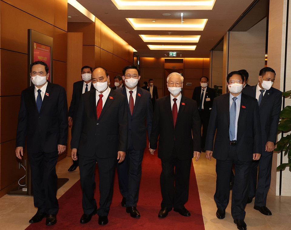 Tổng Bí thư Nguyễn Phú Trọng cùng các lãnh đạo Đảng, Nhà nước dự Lễ khai mạc Kỳ họp thứ 2, Quốc hội khóa XV. (Ảnh: Trí Dũng/TTXVN)