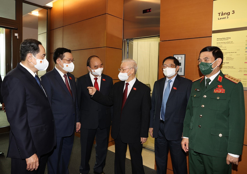 Tổng Bí thư Nguyễn Phú Trọng cùng các lãnh đạo Đảng, Nhà nước tại Phiên khai mạc Kỳ họp thứ 2, Quốc hội khóa XV. (Ảnh: Trí Dũng/TTXVN)