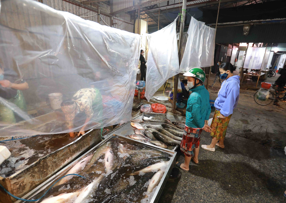 Ban quản lý chợ giăng các tấm ngăn bằng nylon chắn giữa người mua và người bán để phòng chống dịch. (Ảnh: Vũ Sinh/TTXVN)