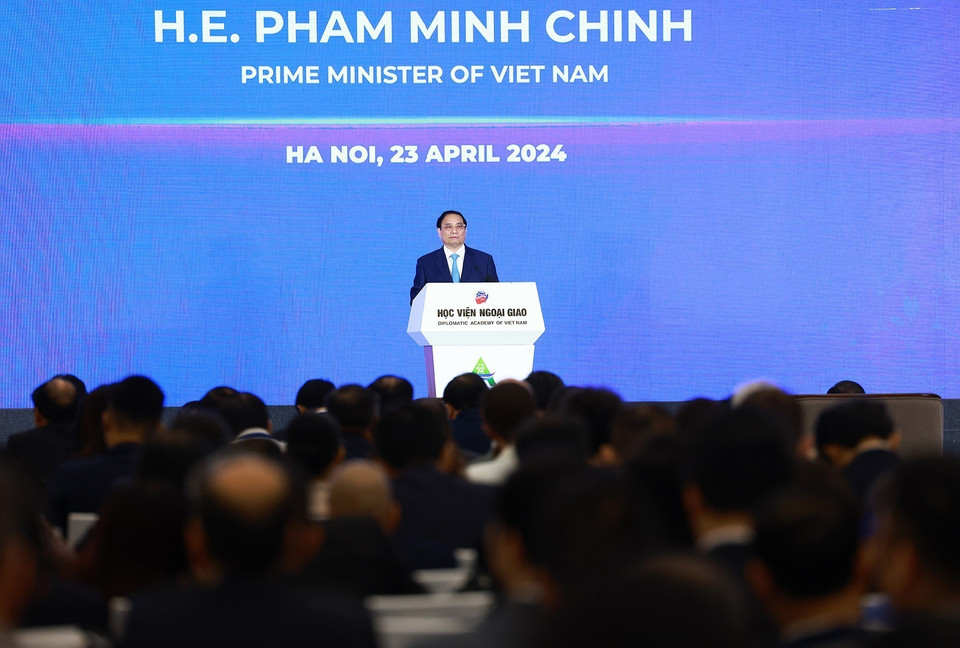 Thủ tướng Phạm Minh Chính phát biểu tại Diễn đàn Tương lai ASEAN 2024 tại Hà Nội, sáng 23/4/2024. (Ảnh: Dương Giang/TTXVN)