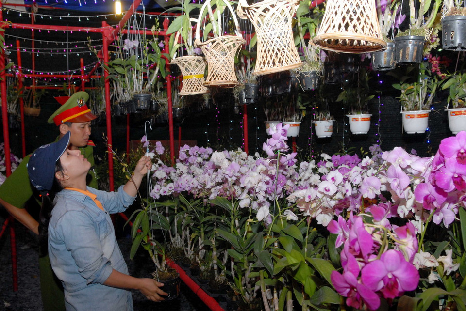 Các nhà vườn bán hoa Tết tại Chợ hoa Xuân Bình Điền 2015. (Ảnh: Mạnh Linh/TTXVN) 