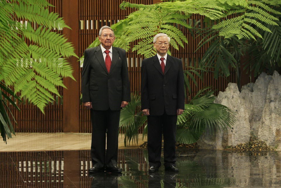 Chiều 29/3 (giờ địa phương), lễ đón chính thức Tổng Bí thư Nguyễn Phú Trọng được tổ chức trọng thể theo nghi thức dành cho nguyên thủ quốc gia, tại Cung Cách mạng ở thủ đô La Habana. (Ảnh: Trí Dũng/TTXVN)