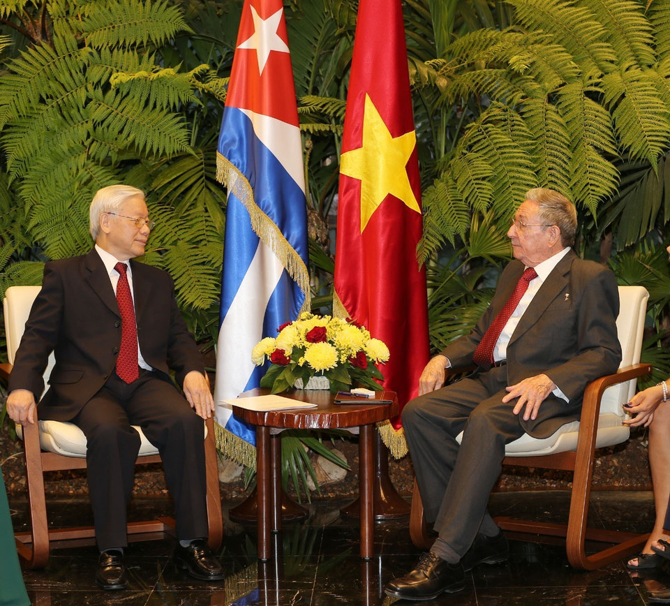 Tổng Bí thư Nguyễn Phú Trọng khẳng định Đảng, Nhà nước và nhân dân Việt Nam trước sau như một luôn dành tình cảm hữu nghị, đoàn kết chân thành đối với Đảng, Nhà nước và nhân dân Cuba. (Ảnh: Trí Dũng/TTXVN)