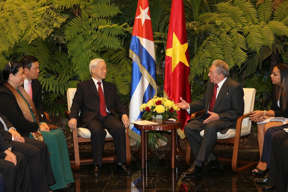 Đồng chí Raul Castro Ruz bày tỏ vui mừng được đón Tổng Bí thư Nguyễn Phú Trọng và đoàn đại biểu cấp cao của Đảng và Nhà nước Việt Nam thăm cấp Nhà nước Cuba. (Ảnh: Trí Dũng/TTXVN)