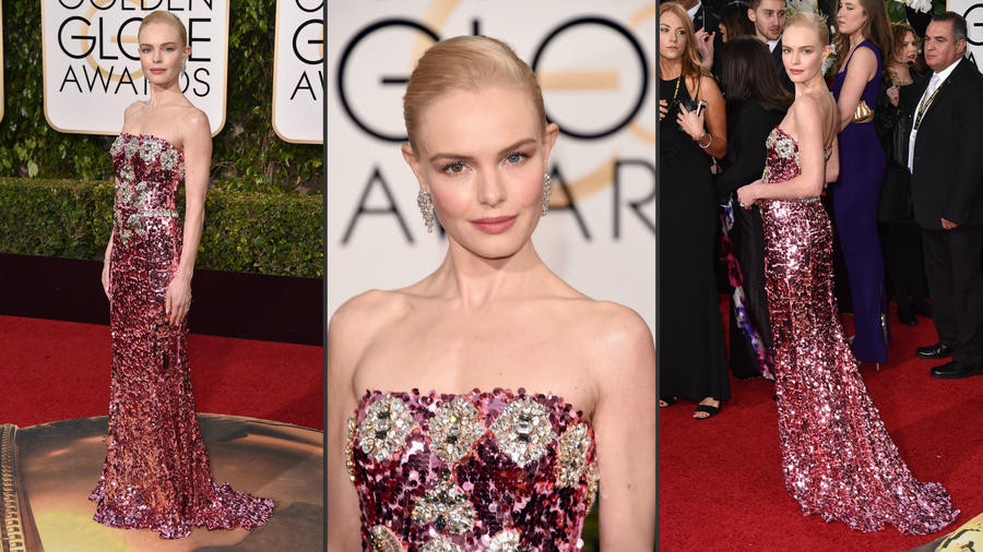 Dẫn chương trình xinh đẹp Kate Bosworth diện chiếc váy quây đỏ lấp lánh ánh bạc của thương hiệu Dolce &amp; Gabbana. (Nguồn: latimes.com)