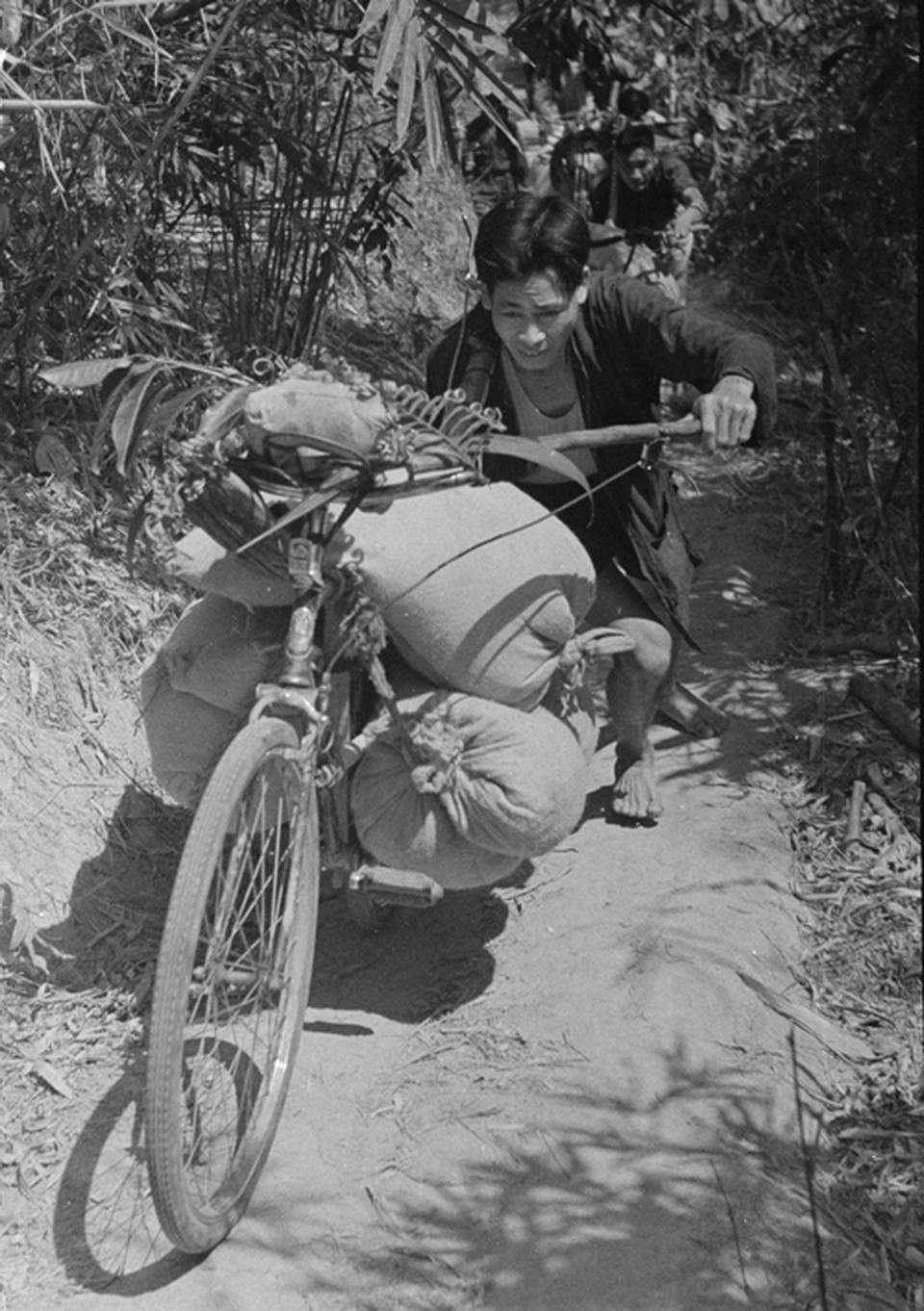 Đoàn xe thồ lương thực, hàng hoá vào chiến trường trên tuyến đường gùi thồ, đoạn qua Quảng Bình. (Ảnh: Hữu Ngôi/TTXVN)