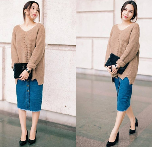 Chọn chân váy denim cổ điển và áo len màu camel, Lưu Hương Giang nhấn thêm nét duyên dáng, yêu kiều bằng đôi giày cao gót màu đen truyền thống và ví cầm tay nhỏ xinh.