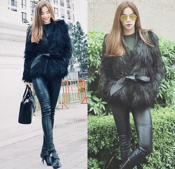 Kết hợp quần da và áo khoác lông đai quấn, Hồ Ngọc Hà ghi điểm tuyệt đối bởi vẻ ngoài hợp mốt, thời thượng. Người đẹp chọn phụ kiện nhấn là kính mắt tráng gương để tổng thể trang phục thêm tươi sáng.