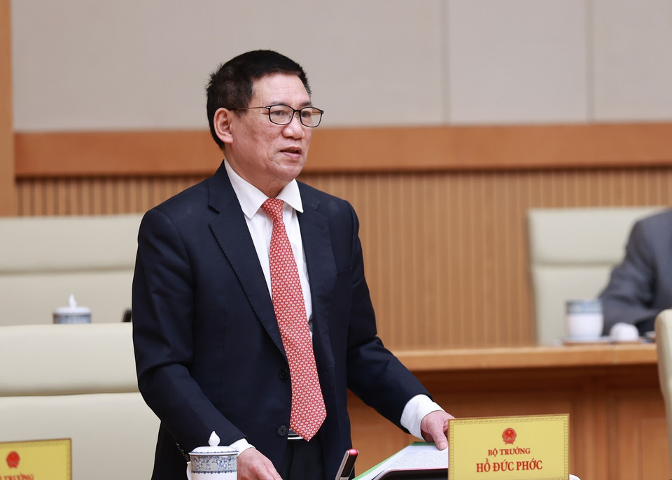 Bộ trưởng Bộ Tài chính Hồ Đức Phớc phát biểu tại phiên họp Thường trực Chính phủ để đánh giá tình hình Tết Nguyên đán Quý Mão và triển khai các nhiệm vụ trọng tâm sau Tết. (Ảnh: Dương Giang/TTXVN)