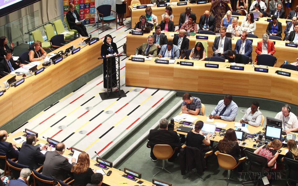 Ngày 18/7/2016, tại trụ sở Liên hợp quốc ở New York (Mỹ), Phó Chủ tịch nước Đặng Thị Ngọc Thịnh phát biểu tại Phiên họp cấp cao Hội đồng kinh tế-xã hội Liên hợp quốc (ECOSOC) với chủ đề “Đảm bảo không ai bị bỏ lại phía sau: Tiếp cận những người dễ bị tổn thương nhất.” (Ảnh: Lâm Khánh/TTXVN)