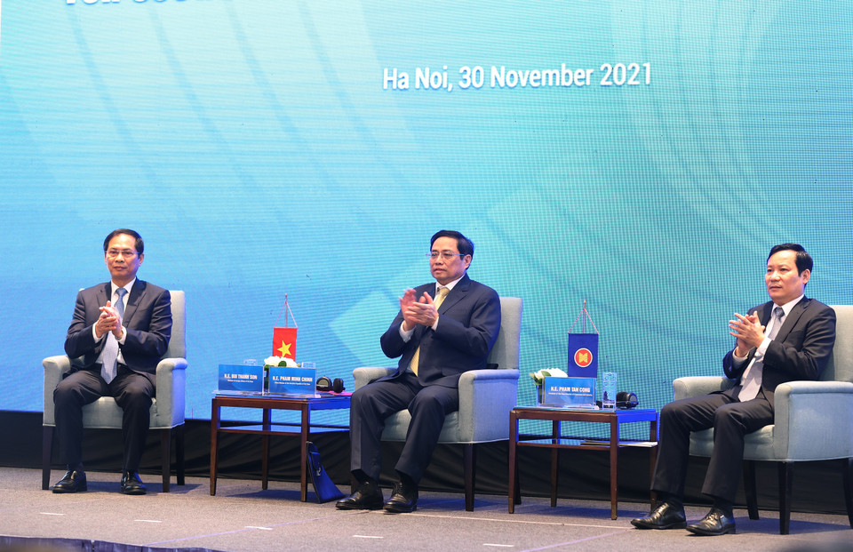 Phiên "Thúc đẩy hợp tác tiểu vùng trong ASEAN hướng tới phục hồi" nằm trong khuôn khổ Diễn đàn cấp cao ASEAN về hợp tác tiểu vùng vì sự phát triển bền vững và tăng trưởng bao trùm. (Ảnh: Dương Giang/TTXVN)