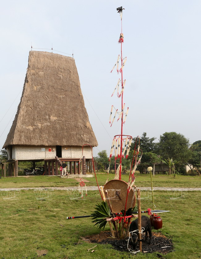 Cây nêu được dựng ngay trước sân nhà rông. (Ảnh: Trịnh Văn Bộ/Báo ảnh Việt Nam)