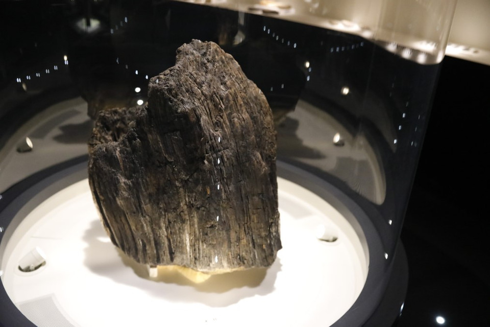 Tàn tích của những cột gỗ hạt dẻ có đường kính một mét đã được cố tình đốt cháy ở chân đế để chống lại đất ẩm. (Ảnh: Nguyễn Tuyến/Vietnam+)