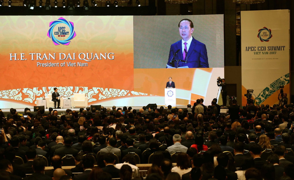 Chủ tịch nước Trần Đại Quang phát biểu chào mừng tại Phiên khai mạc CEO Summit 2017. (Nguồn: TTXVN)