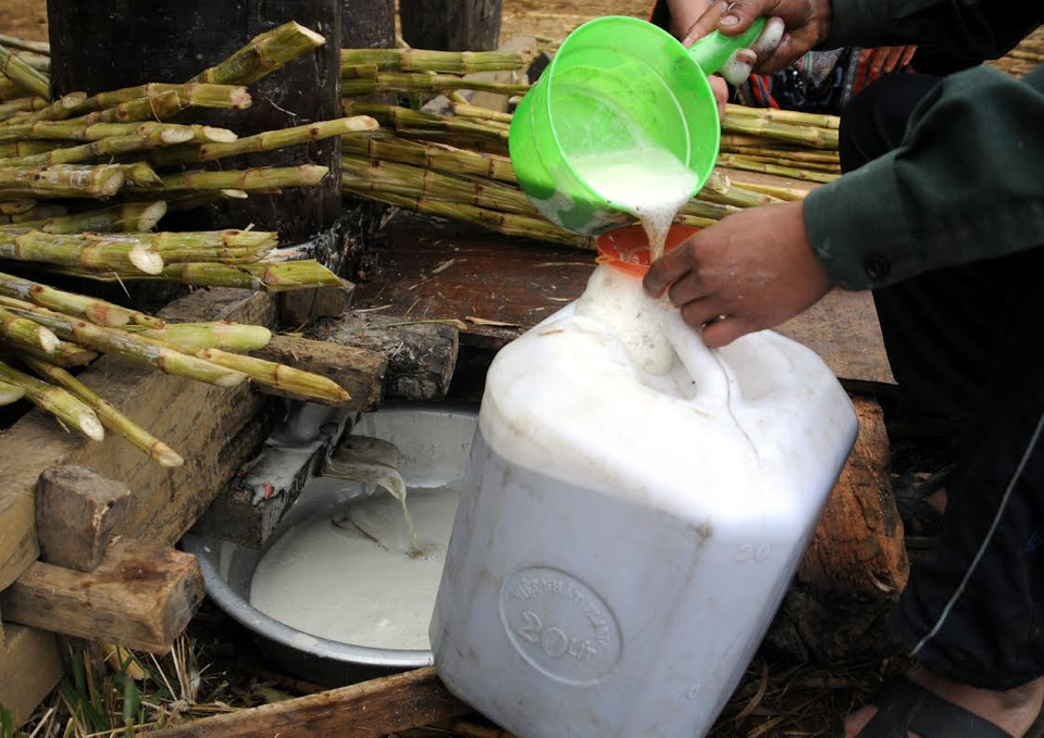 Nước mía được đổ vào can đưa về nhà nấu. (Ảnh: Nguyễn Công Hải/Vietnam+)