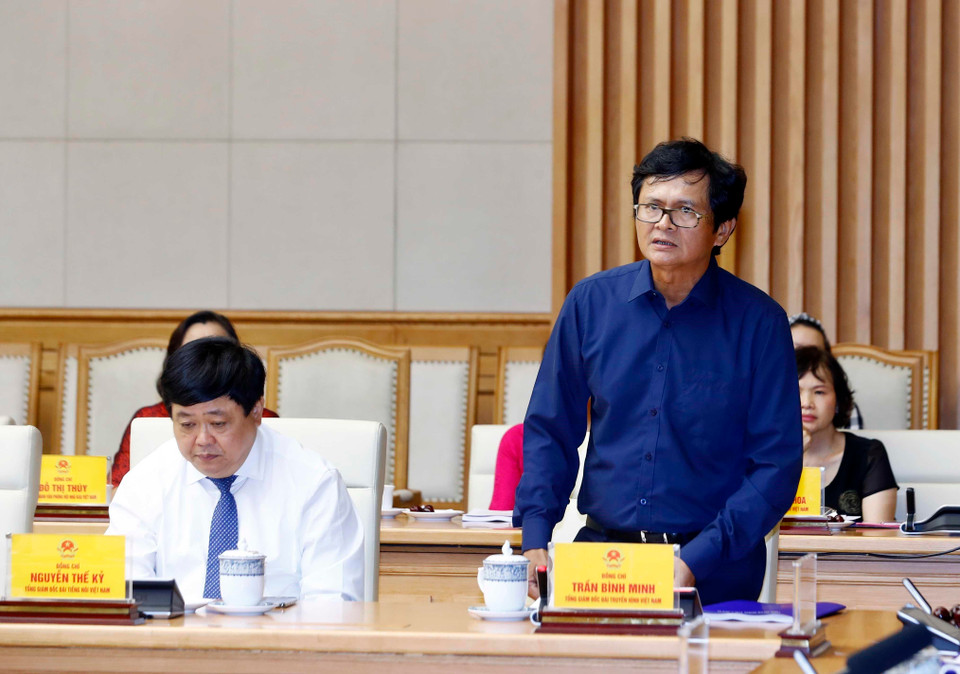 Ông Trần Bình Minh, Ủy viên Trung ương Đảng, Tổng Giám đốc Đài Truyền hình Việt Nam phát biểu tại buổi làm việc. (Ảnh: Thống Nhất/TTXVN)