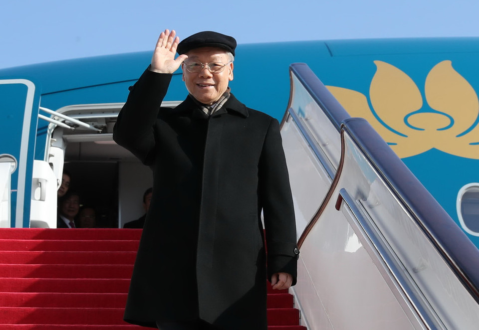 Tổng Bí thư Nguyễn Phú Trọng đến Sân bay Quốc tế Bắc Kinh. (Ảnh: Trí Dũng/TTXVN)