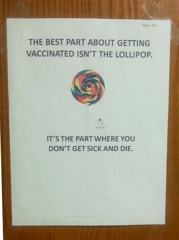 Điều tuyệt vời nhất của việc được tiêm phòng không phải là cái kẹo, mà là bạn không bị ốm và chết. (Nguồn: boredpanda)