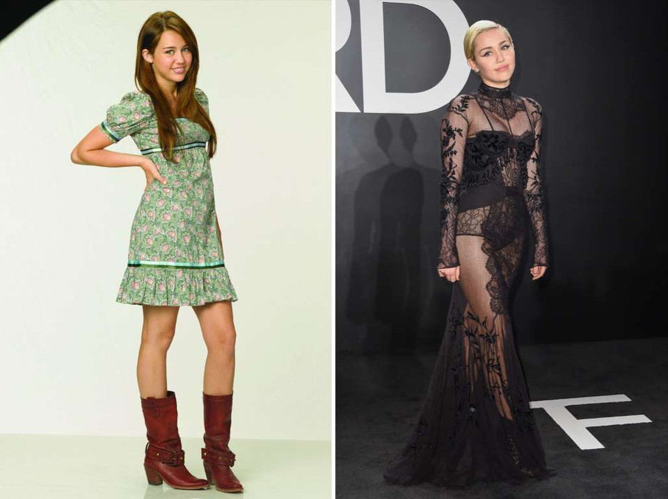 Miley Cyrus (2009 và 2015) nổi tiếng khi tham gia vào series phim Hannah Montana. (Nguồn: AP)