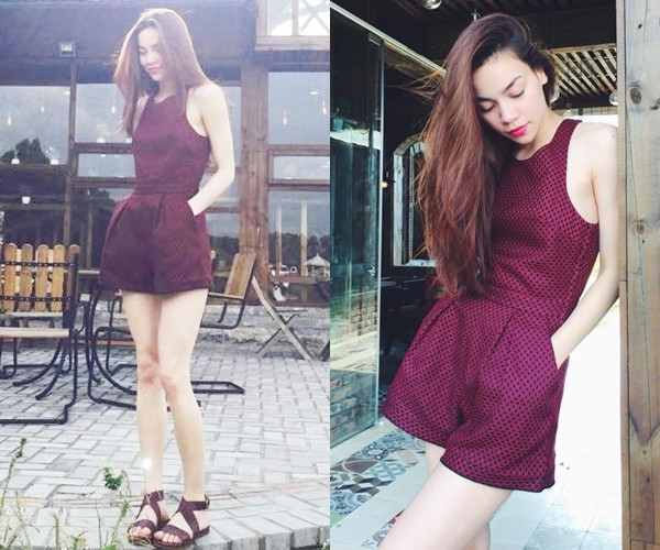 Hồ Ngọc Hà cũng có dịp khoe khéo đôi chân dài thon gọn khi chọn bộ đồ liền ngắn tôn dáng 'mix' cùng sandals tiệp màu đỏ rượu
