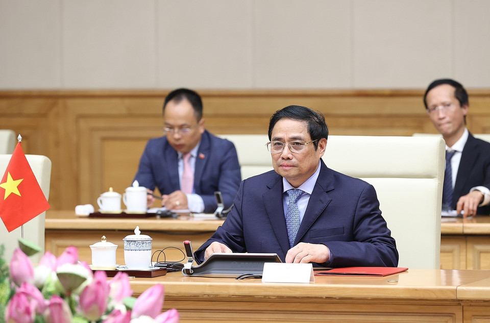 Thủ tướng Phạm Minh Chính phát biểu tại buổi tiếp Thường trực Ban Bí thư, Phó Chủ tịch nước Lào Bounthong Chitmany. (Ảnh: Dương Giang/TTXVN)