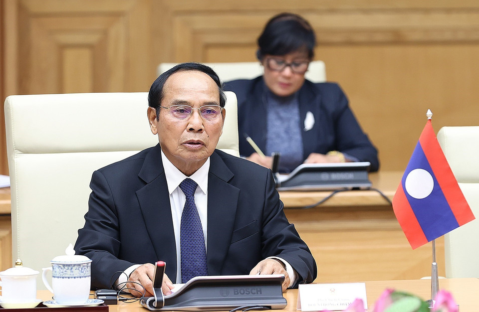 Thường trực Ban Bí thư, Phó Chủ tịch nước Lào Bounthong Chitmany phát biểu tại buổi tiếp. (Ảnh: Dương Giang/TTXVN)