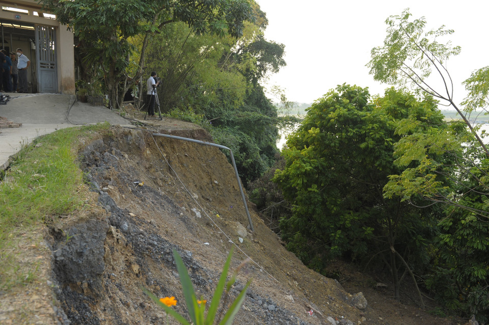 Vị trí sạt lở thuộc thôn Trung Hà, xã Thái Hòa (huyện Ba Vì) có xu hướng tiếp tục phát triển mở rộng tiến sát về phía chân đê Hữu Hồng. (Ảnh: Mạnh Khánh/TTXVN)