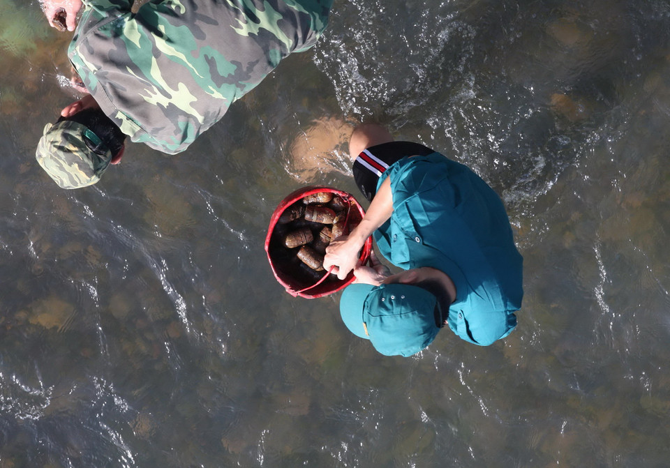 Trục vớt đạn dưới cầu Đạ Quay. (Ảnh: Đặng Tuấn/TTXVN)