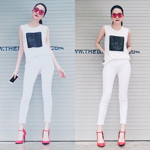 Thiều Bảo Trang chơi màu cực 'chất' với set đồ gam màu trắng làm chủ đạo, phối cùng giày và kính mắt hồng rạng rỡ, cuốn hút.