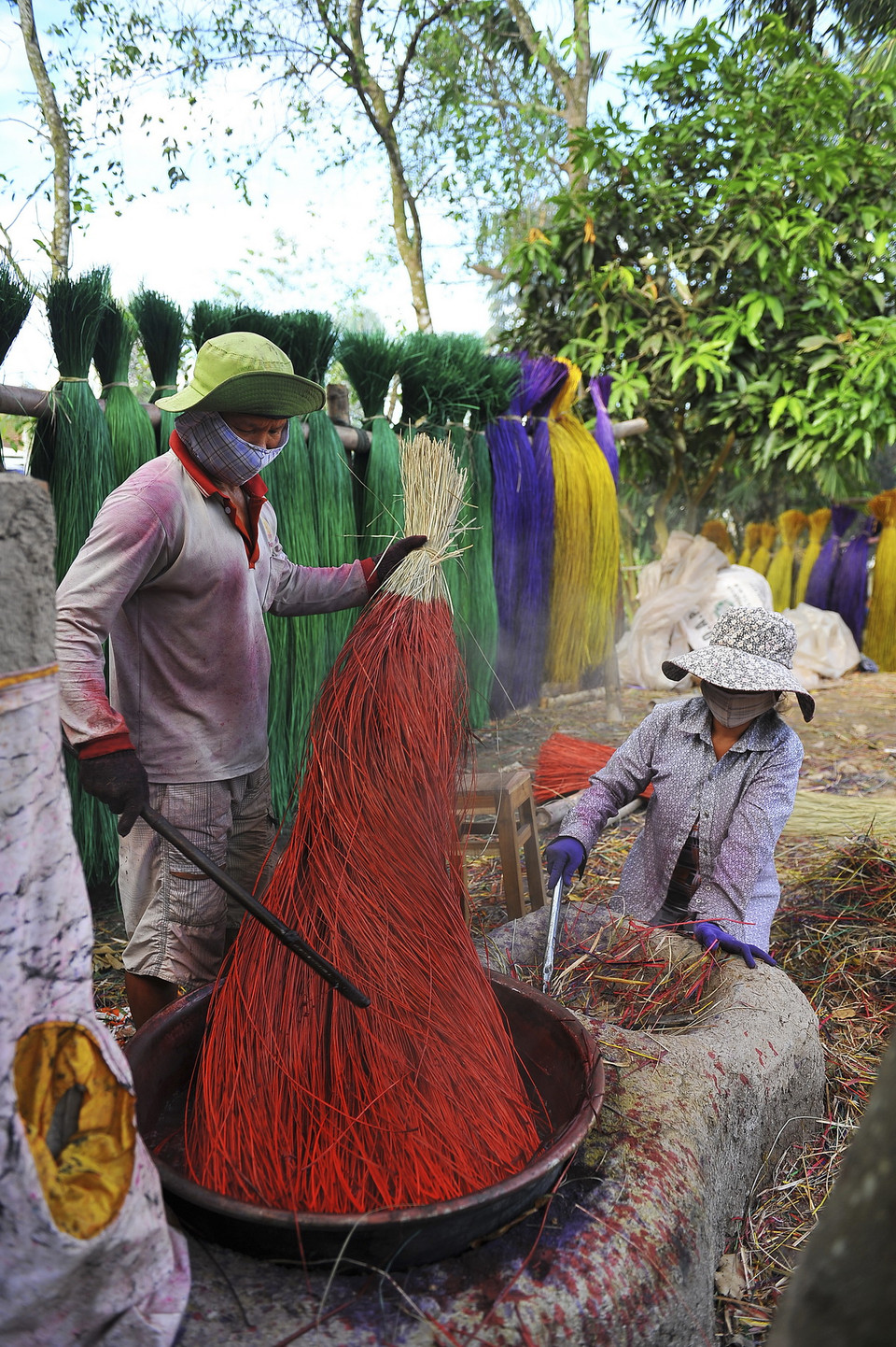 Thật thú vị khi được tận mắt chứng kiến cảnh tất bật của những nguời thợ lành nghề từ già, trẻ, gái, trai bên khung dệt, cọng lát, sợi trân để sản xuất ra những manh chiếu xinh xắn, đẹp mắt. Khâu pha và nhuộm màu luôn luôn đòi hỏi những người phải có kỹ thuật, thâm niên lâu năm, độ đậm nhạt của sợi lác quyết định đến việc phối màu của một chiếc chiếu. (Ảnh: Minh Đức/TTXVN)