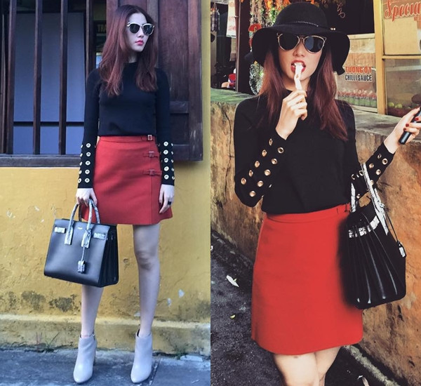 Đỏ cũng là màu chân váy Diễm My 9X kết hợp cùng áo đen, làm bật lên nét trẻ trung, tươi tắn.