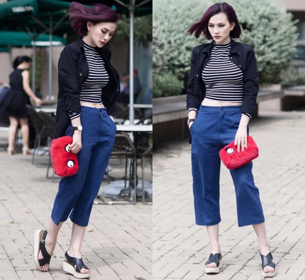 Kết hợp áo lửng hở eo và quần culottes xanh hải quân, Thu Thủy 'đốn tim' fan bởi vóc dáng thon gọn sau khi sinh.