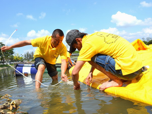 Chú Vịt Vàng được gia cố vào phần đế một cách chắc chắn nhằm đảm bảo an toàn trong suốt thời gian trưng bày. (Ảnh: Sỹ Dũng/Vietnam+)