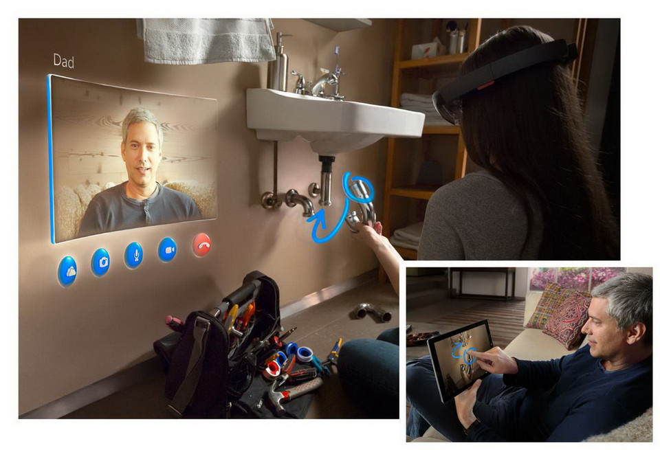 Với Microsoft HoloLens, bạn bè và đồng nghiệp của bạn có thể giúp bạn thực hiện các nhiệm vụ khó khăn thông qua Skype. Họ có thể thấy khó khăn của bạn khi bạn sử dụng kính và nhìn vào đó. Và từ máy tính bảng hoặc máy tính của họ, họ có thể vẽ hướng dẫn bạn thực hiện các nhiệm vụ khó khăn qua những hình ảnh ba chiều. (Nguồn: Microsoft) 