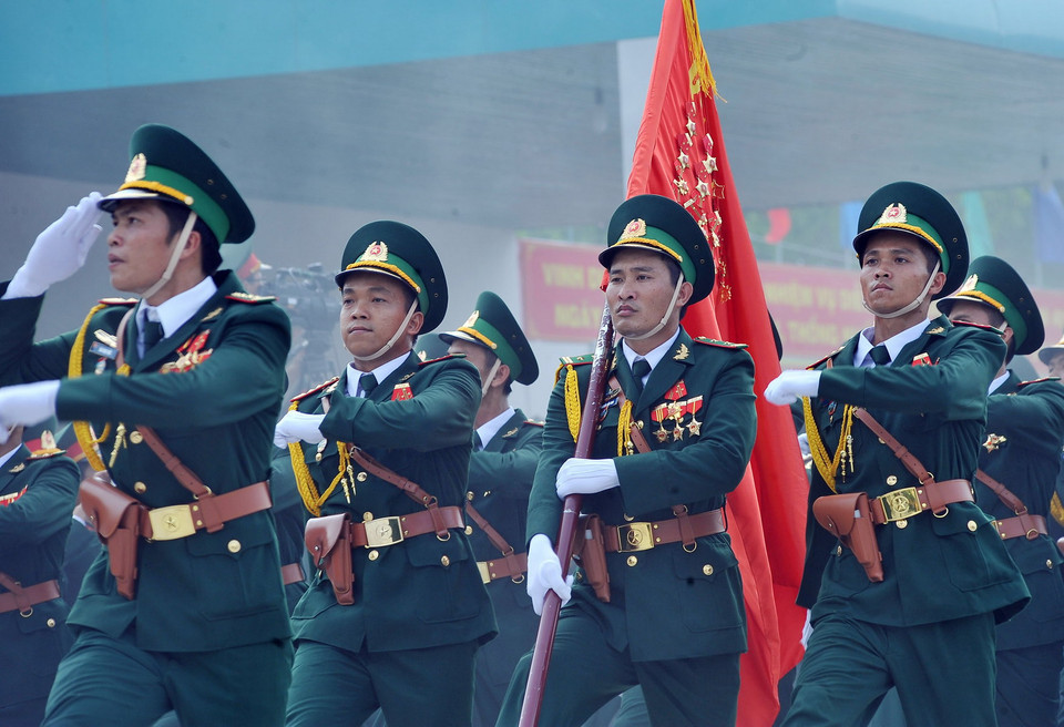 Lực lượng bộ đội Biên phòng tham gia buổi hợp luyện. (Ảnh: Trọng Đức/TTXVN)