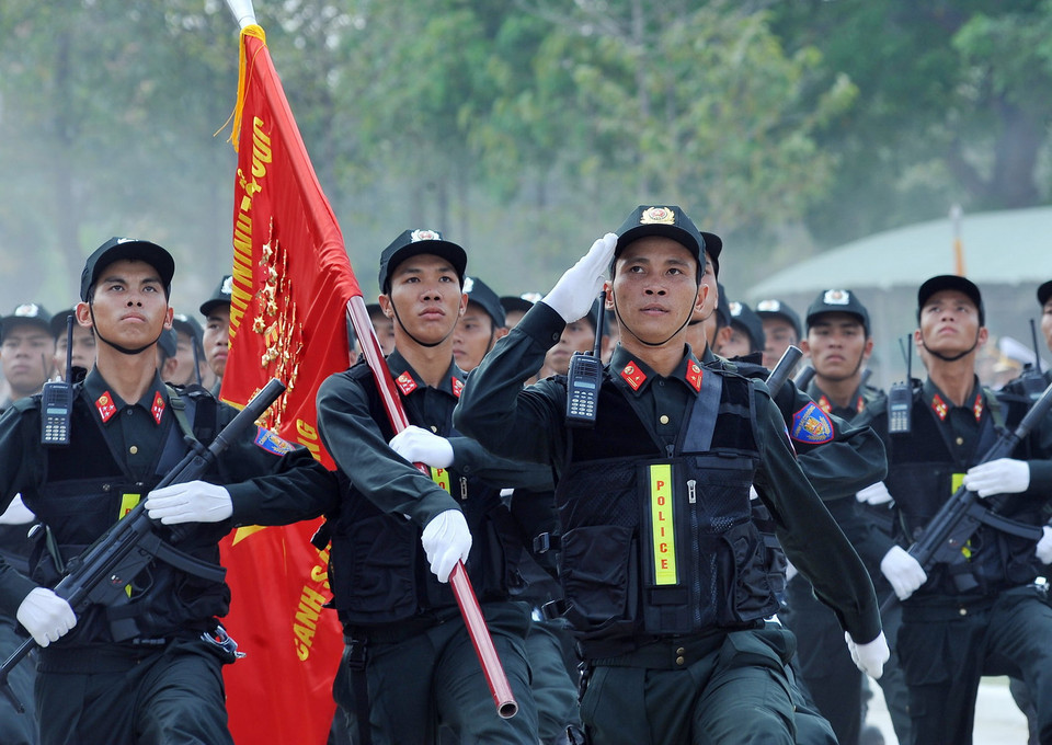 Lực lượng Cảnh sát cơ động tham gia buổi hợp luyện. (Ảnh: Trọng Đức/TTXVN)