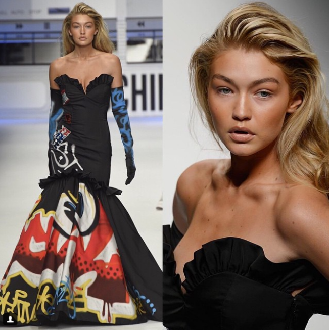 Hình ảnh Gigi tại show diễn thời trang của Moschino. Cô chỉ sử dụng bronzer để làm nâu da và highlight gò má, vùng chữ T.