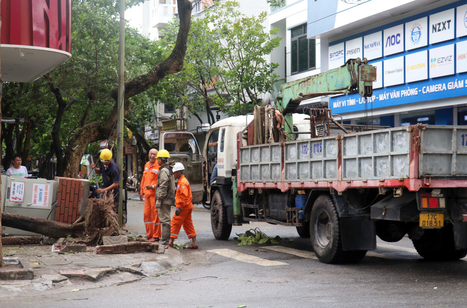 Ngành Điện lực tỉnh Thái Bình khắc phục sự cố sớm cấp điện cho người dân. (Ảnh Vũ Quang/TTXVN)