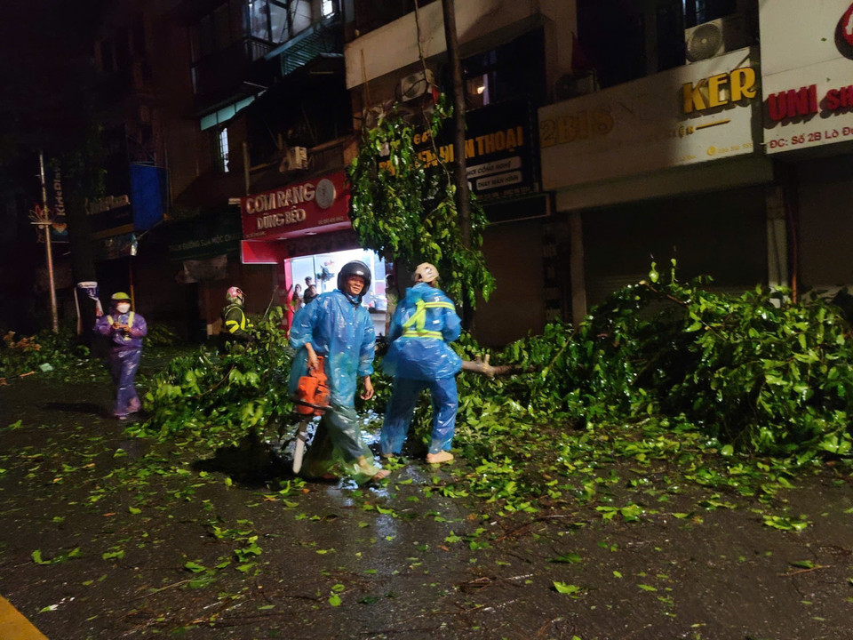 Lực lượng chức năng xử lý cây xanh gãy đổ trên phố Lò Đúc, quận Hai Bà Trưng (Hà Nội), lúc 22h05 đêm 7/9. (Ảnh: Doãn Tấn/TTXVN)