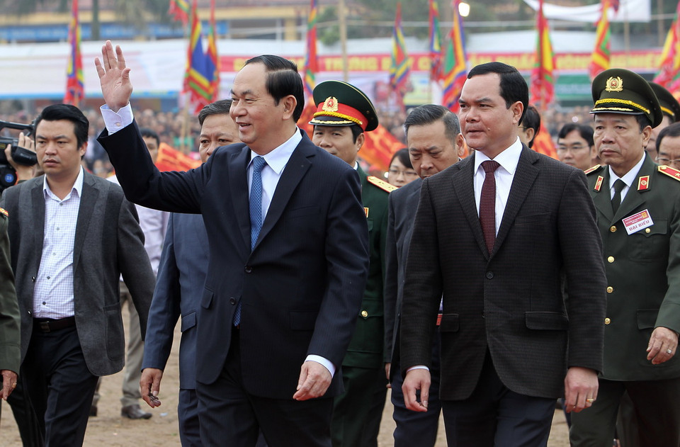 Chủ tịch nước Trần Đại Quang đến dự lễ hội. (Ảnh: Quốc Khánh/TTXVN)