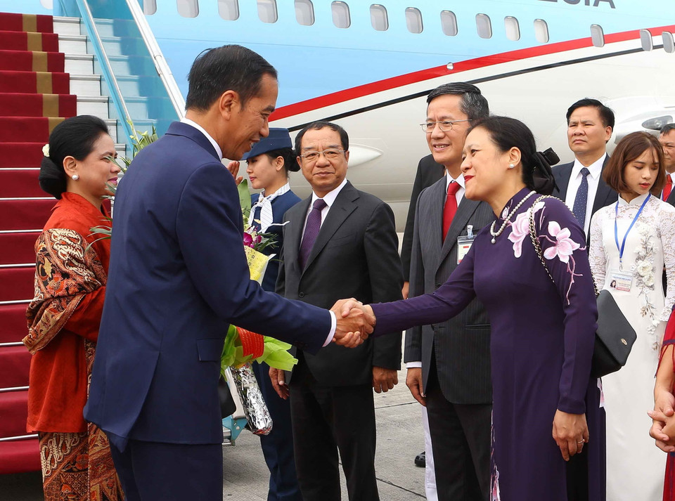 Trong ảnh: Đại diện Văn phòng Chủ tịch nước, Bộ Ngoại giao đón Tổng thống Indonesia Joko Widodo và Phu nhân tại sân bay quốc tế Nội Bài (Hà Nội). (Ảnh: Doãn Tấn/TTXVN)