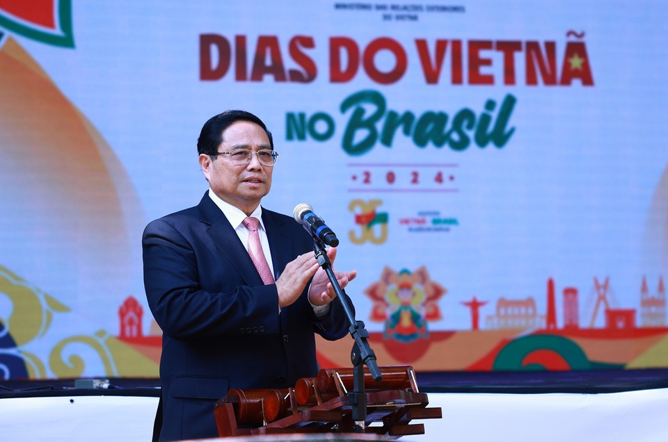 Thủ tướng Phạm Minh Chính phát biểu tại chương trình "Ngày Việt Nam tại Brazil." (Ảnh: Dương Giang/TTXVN)