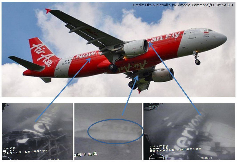 Máy bay AirAsia QZ8501 (phía trên) và phần thân (phía dưới) máy bay AirAsia dưới biển. (Nguồn: AFP/RSM/TTXVN)