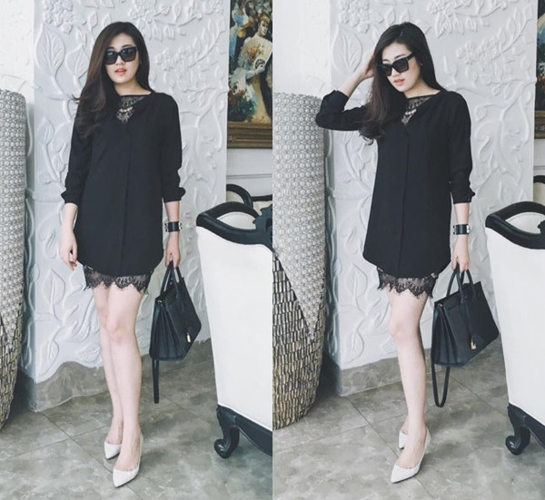 Đầm đen tuyền phối ren là trang phục được Á hậu Dương Tú Anh ưa chuộng gần đây. Người đẹp phối món đồ này cùng giày cao gót tông màu sáng nền nã.